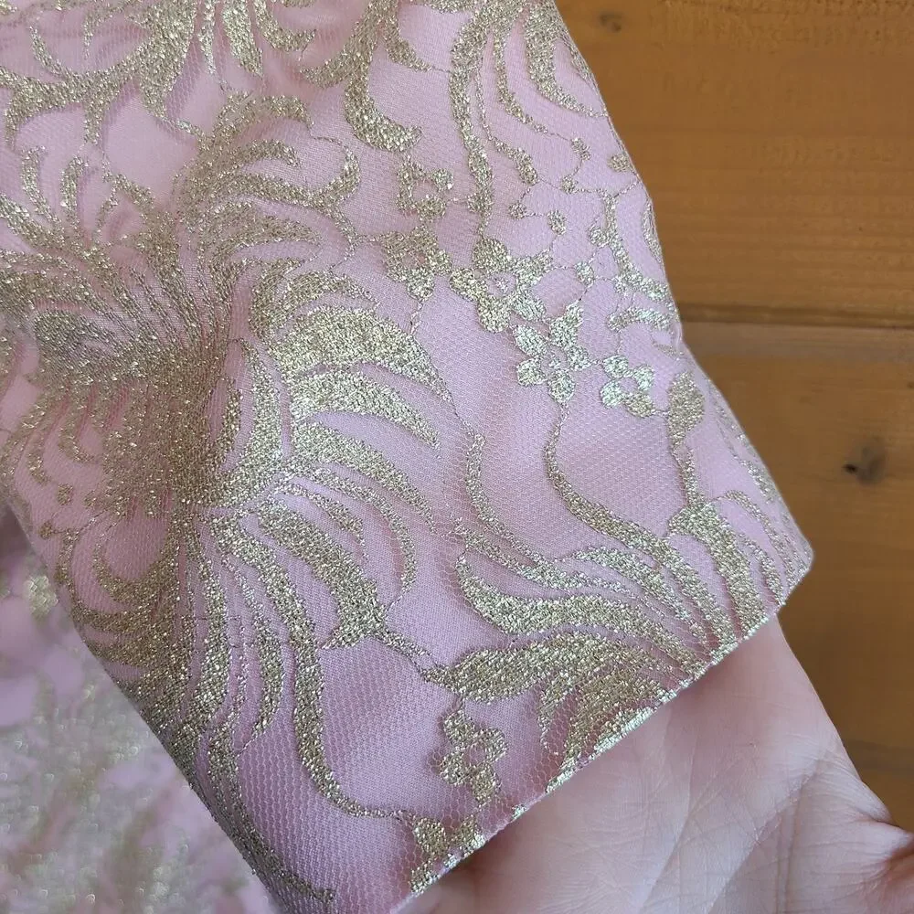 Vintage Dress Halston Midi Pink Gold Lace Drop Waist Vneck 10 Feminine Retro - Picture 5 of 5